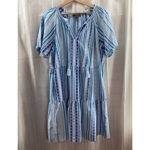 Style Co. Women's Blue Striped Tiered Tassel Tunic Dress L Coastal Cottagecore